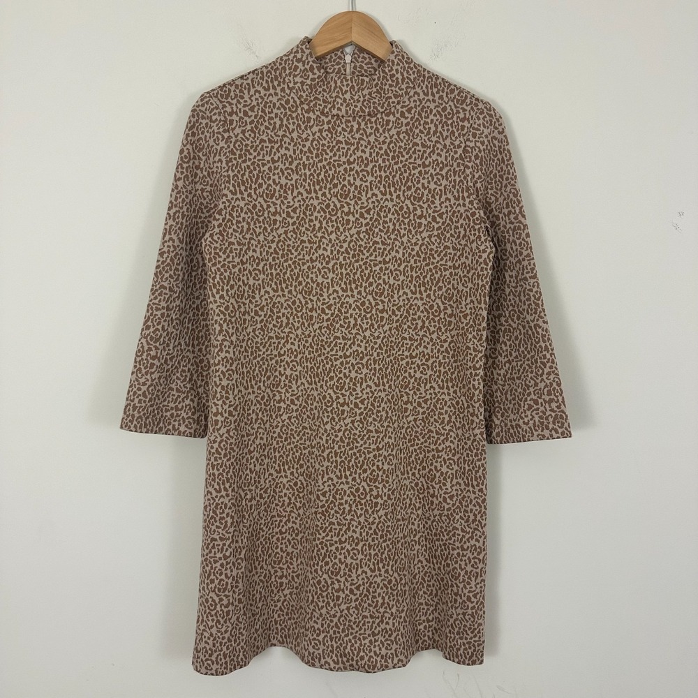 Tyler Boe Sweater Dress Beige Leopard Animal Print High Neck Back Zip Womens S